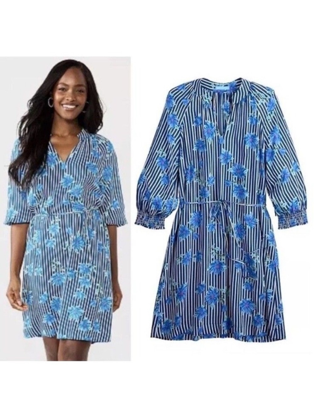 Draper James Blue Floral Stripe V-Neck Mini Dress Sz Large EUC